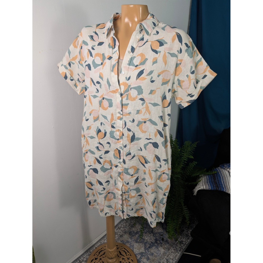 Rachel Zoe 100% Linen Shirt Dress Women Medium Multicolor Abstract Floral Pocket